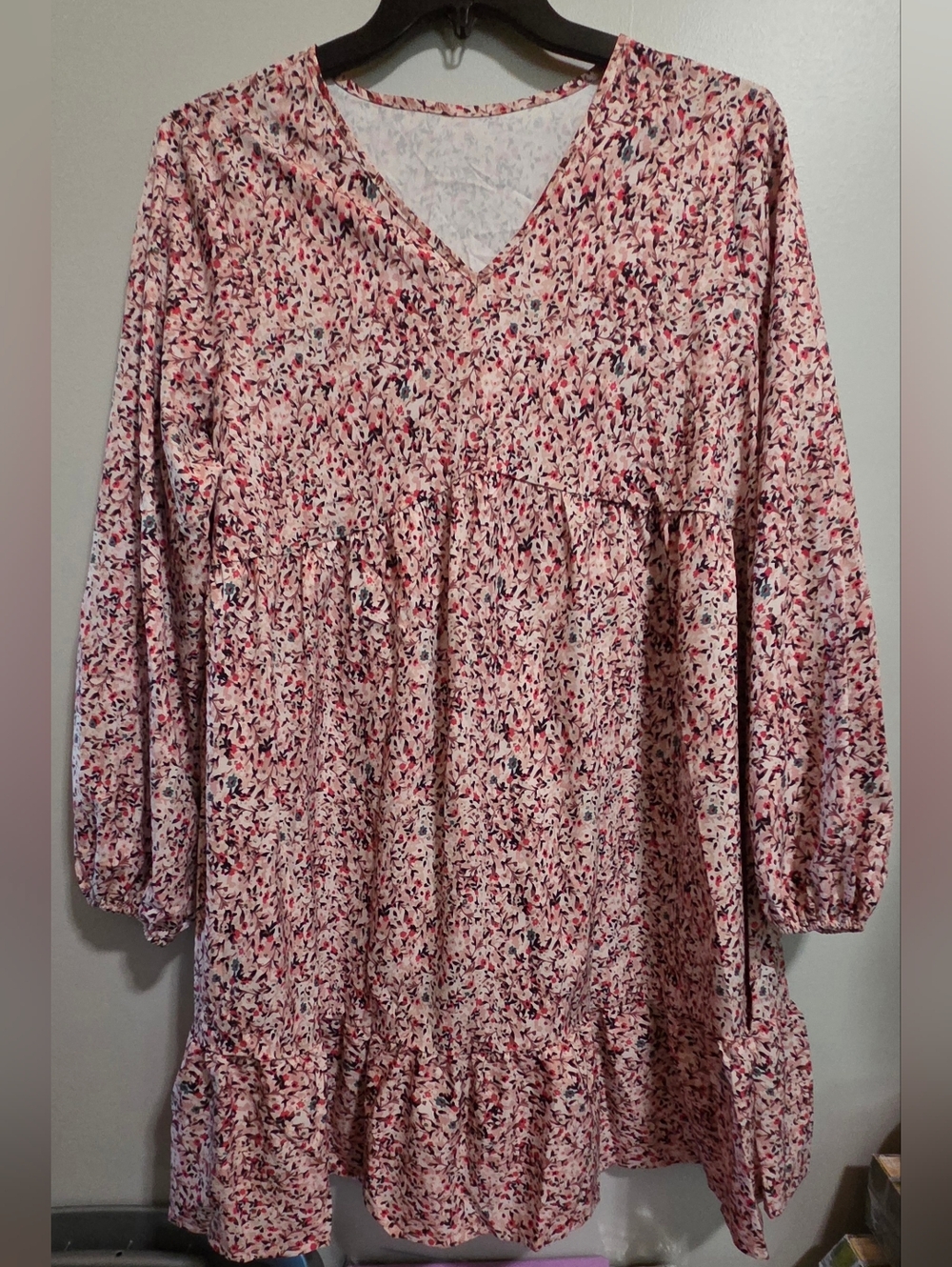 SHEIN Pink Multi-Print V-Neck Peasant Tunic